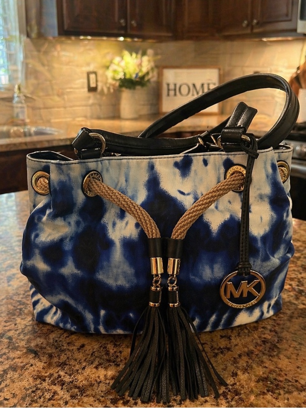 Michael Kors Blue Tie-Dye Drawstring Shoulder Bag with Black Trim